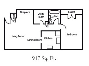 A black and white diagram of a 917 square foot home layout.